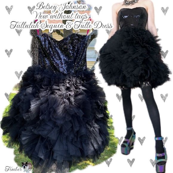NWOT $598 Betsey Johnson Tallulah Sequin Bodice & Tulle Skirted Black Dress